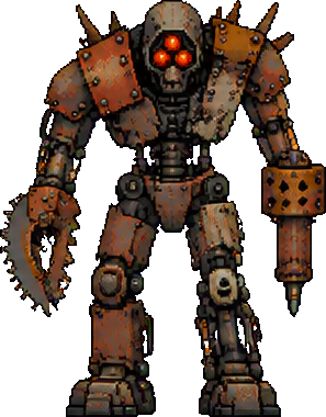 Scrapper: hunched scrap robot with a saw-claw and three red eyes
