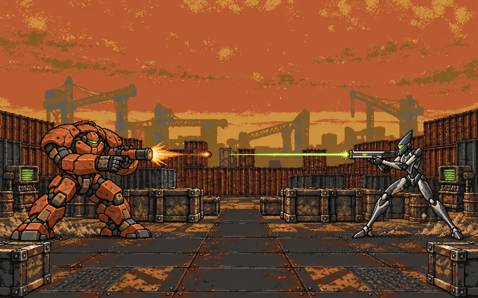 A Breaker and a Courier trading fire across crates in the Arena
